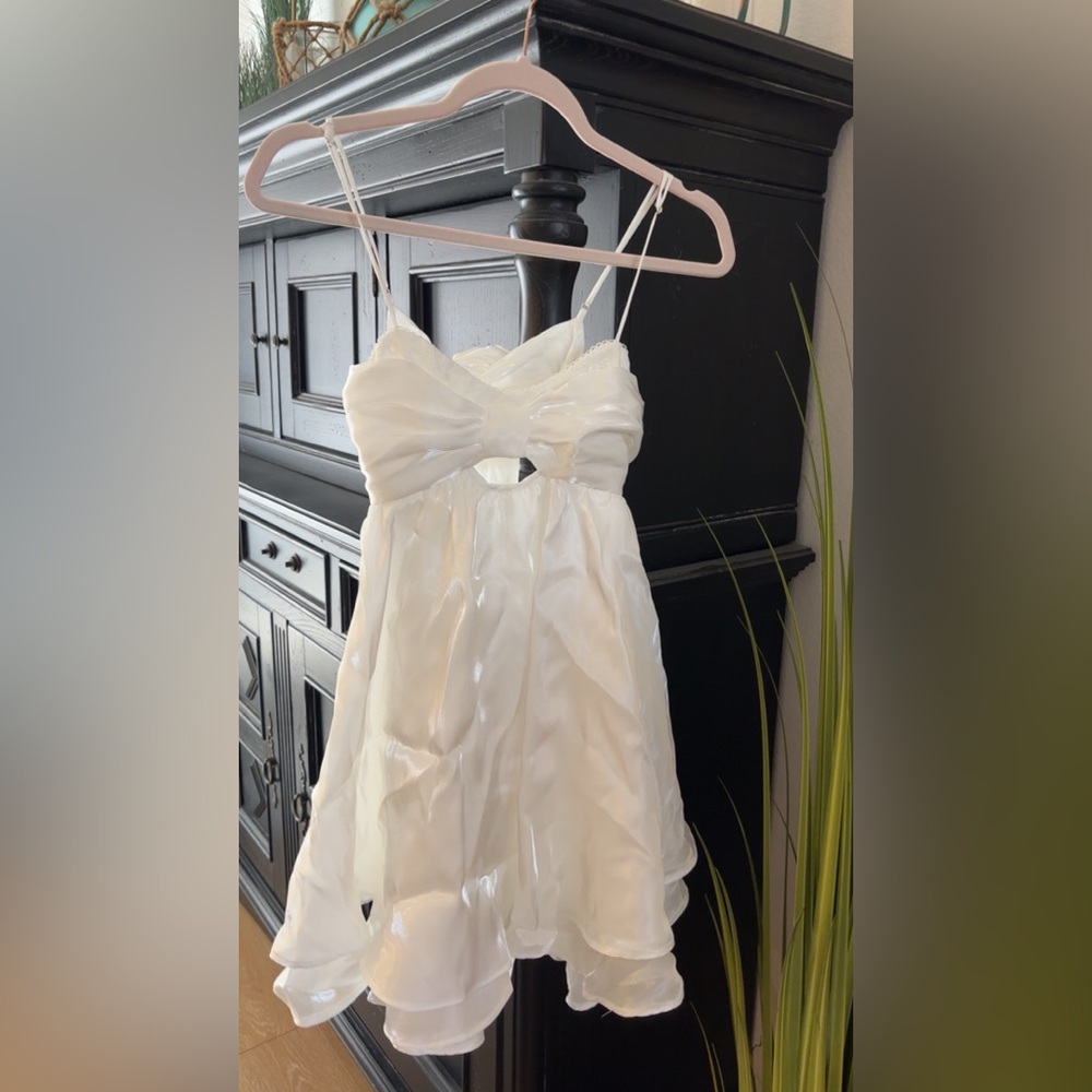 Isabelle’s cabinet White Satin Party Dress with Bow Accent